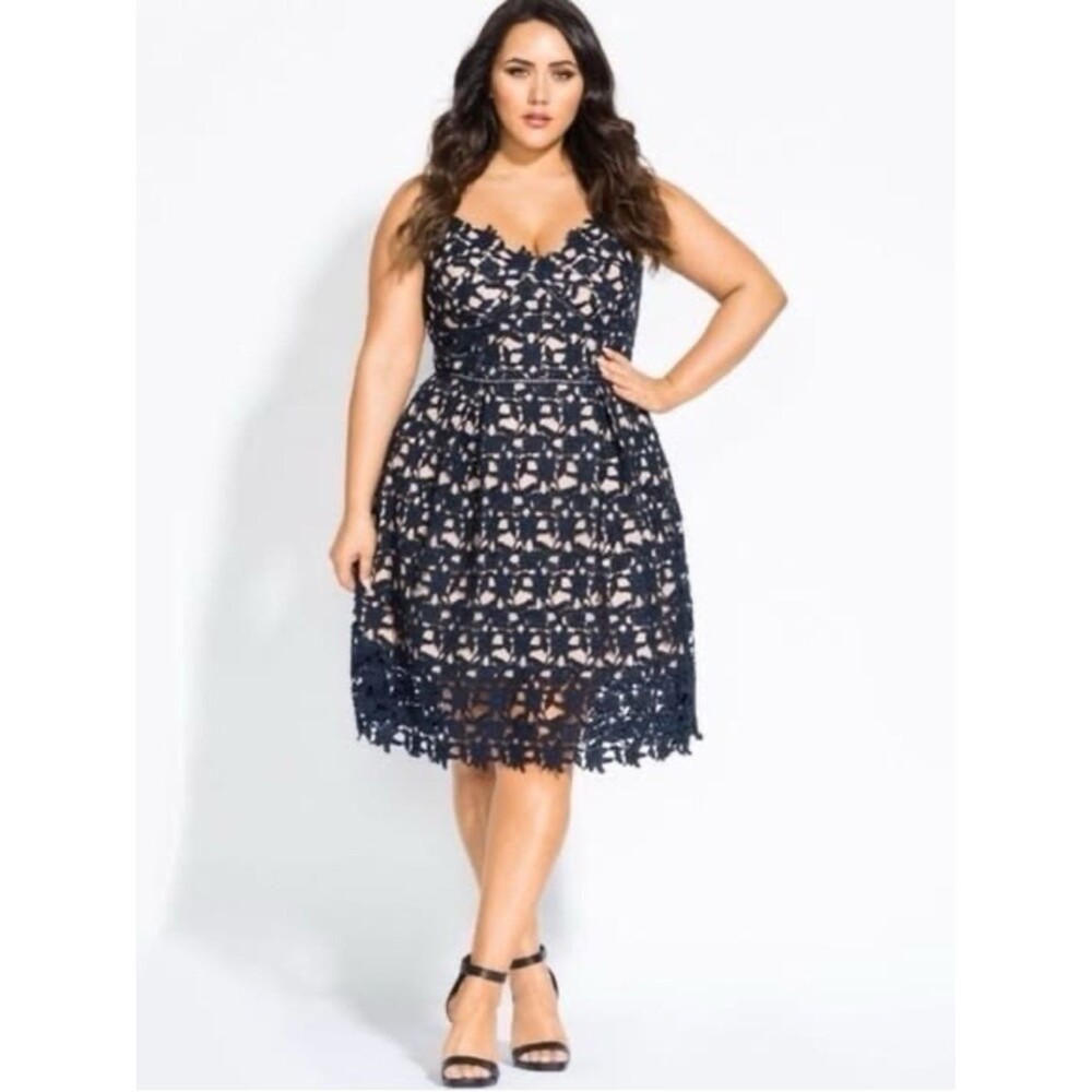 City Chic So Fancy Illusion Lace Midi Dress In Navy Blue Size 18